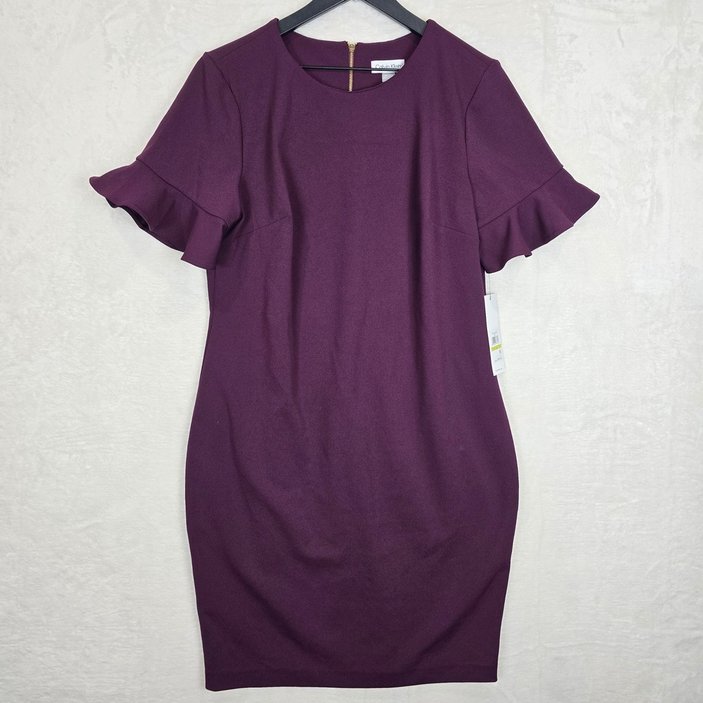 Calvin Klein Womens Aubergine Ruffle Sleeve Sheath Dress CDRC13YM Purple 14 NWT
